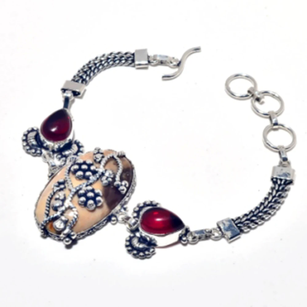 Mookaite Jaspers,Garnets Bracelet Silver Overlay over Copper, 22cm , FRB0037
Mookaite Jaspers,Garnets Bracelet Silver Overlay over Copper, 22cm , FRB0037