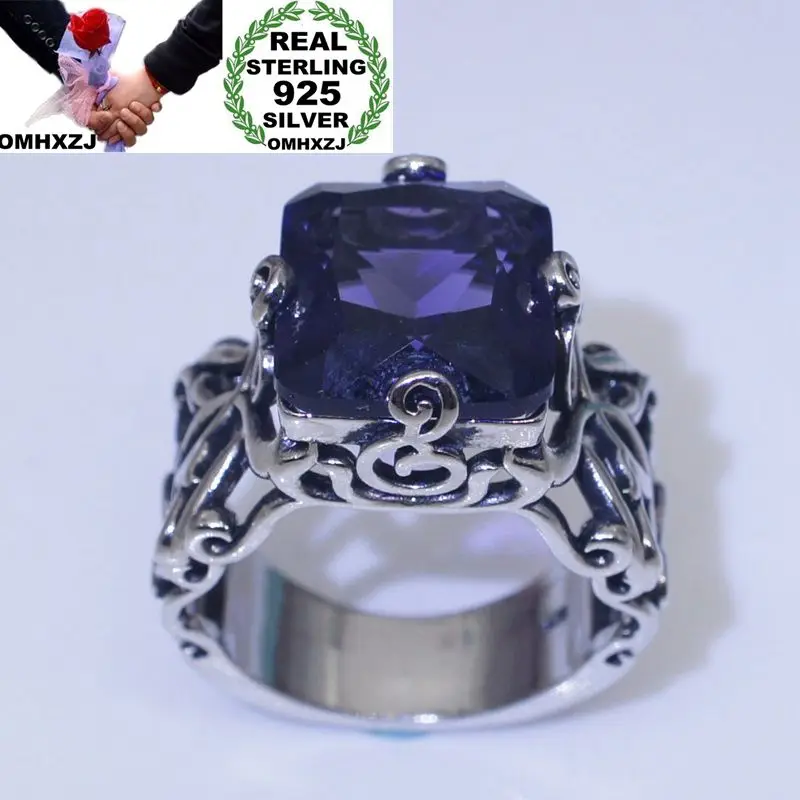 

OMHXZJ Wholesale European Fashion Woman Man Party Wedding Gift Silver Purple Square Amethyst AAA Zircon Taiyin Ring RR330