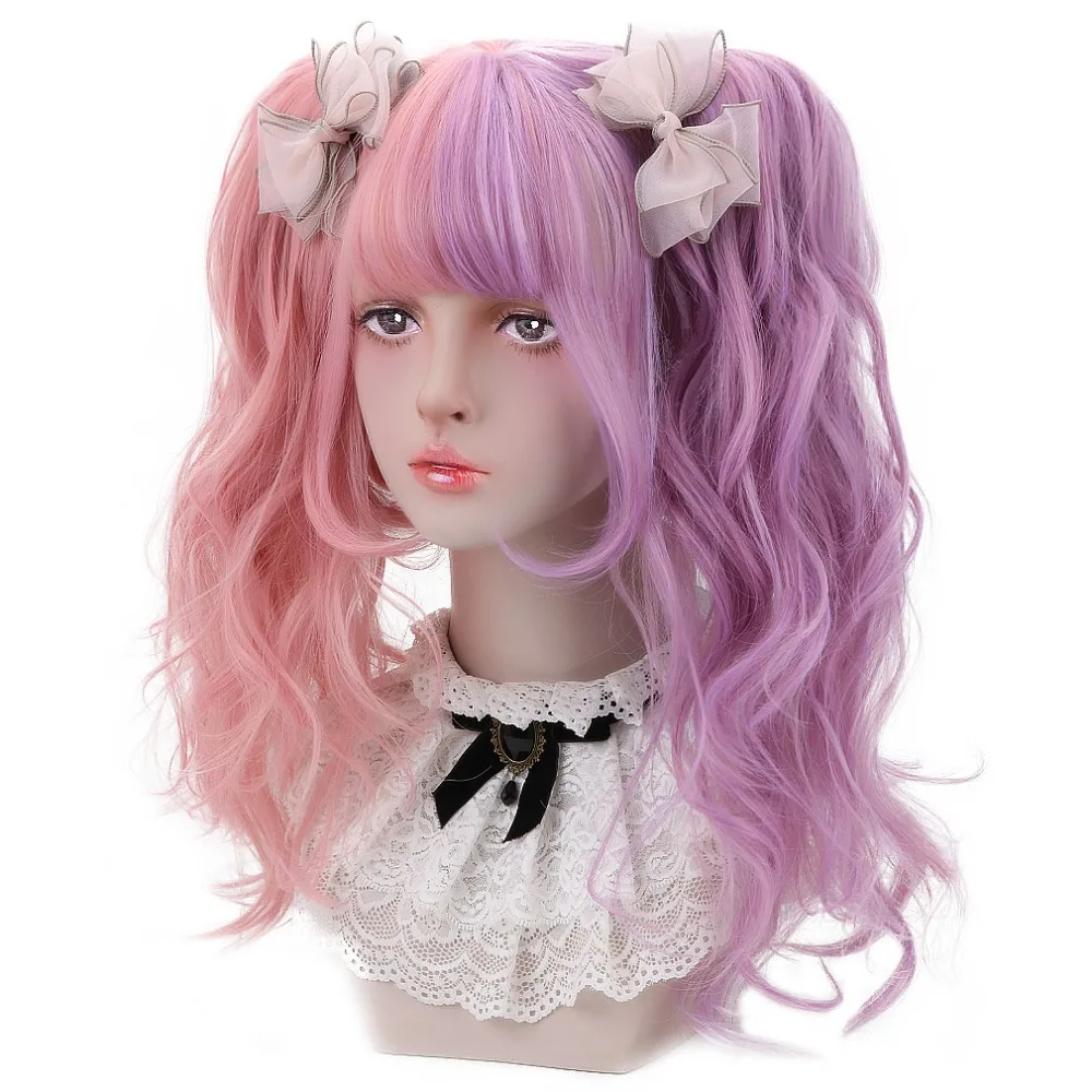

2 Claw Ponytail Hair Extension Bob Wig With Bangs 12"Purple Pink Ombre Synthetic Hair Cosplay Lolita Wig For Women HeatResistant