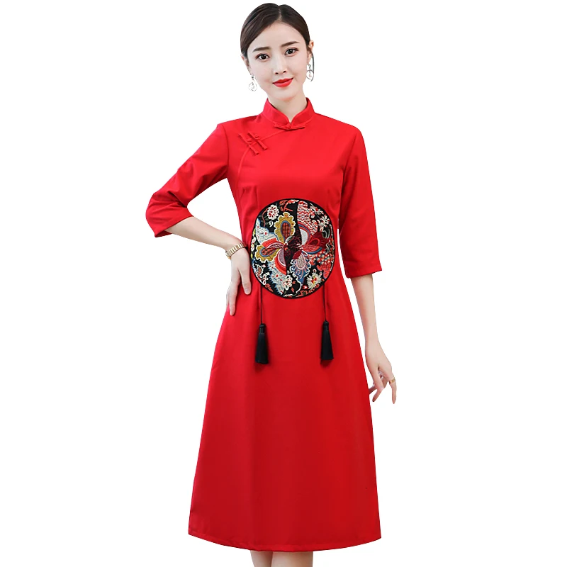 2018 новые женские девочек улучшить Qipao Вышивка кисточки длинные Платье с рукавами