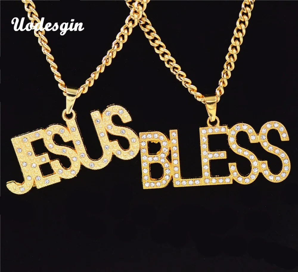 

Uodesign Hip Hop Iced Out Bling Full Rhinestone Letter JESUS&BLESS Man Pendants Necklaces Gold Color Necklace for Men Jewelry