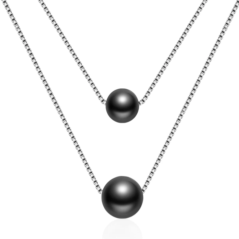 KOFSAC New Fashion 925 Silver Chain Necklace Jewelry Simple Double Layer Pearl Black Bead Pendant For Women Party Gifts | Украшения и