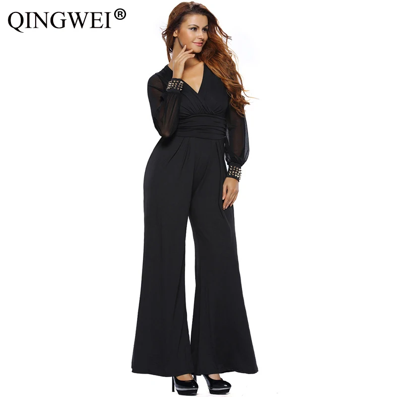 2019 S-3XL women's new deep V-neck waist loose jumpsuit chiffon sleeves and rivets black pants
2019 S-3XL women's new deep V-neck waist loose jumpsuit chiffon sleeves and rivets black pants
