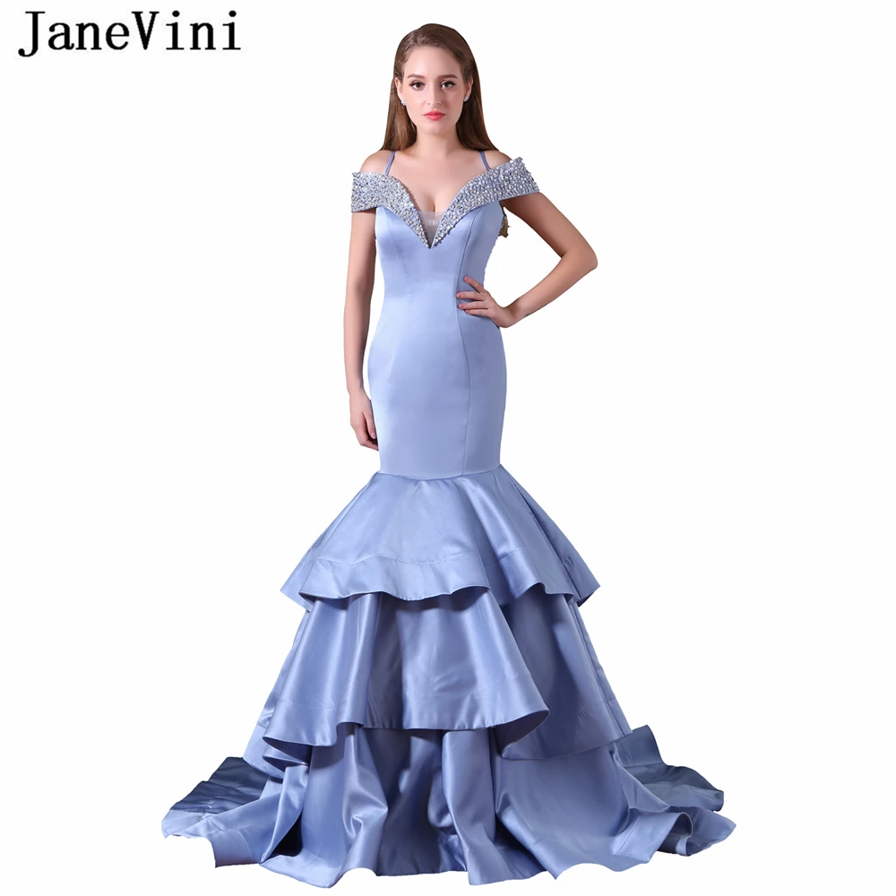 

JaneVini Sexy Long Bridesmaid Dresses Mermaid Tiered Satin V Neck Beaded Sequined Sheer Back Sweep Train Women Prom Party Gowns