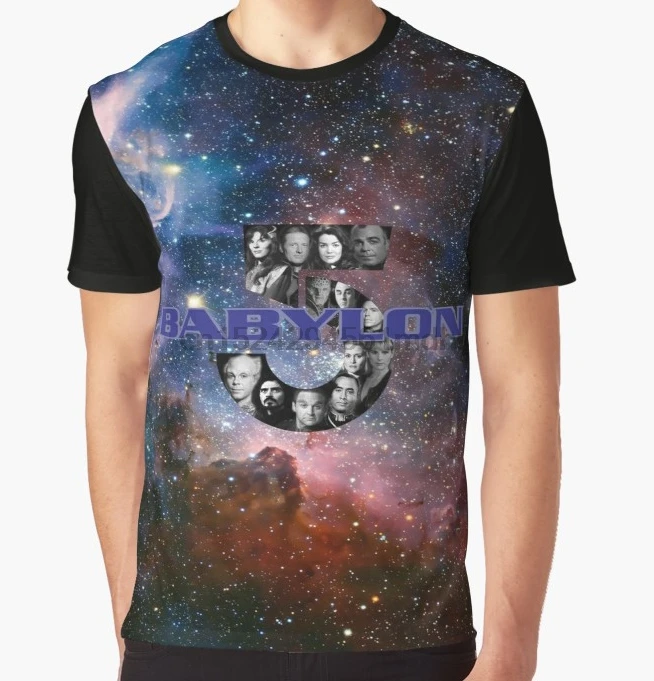 Мужская футболка с принтом Babylon 5 коротким рукавом и круглым вырезом женская
