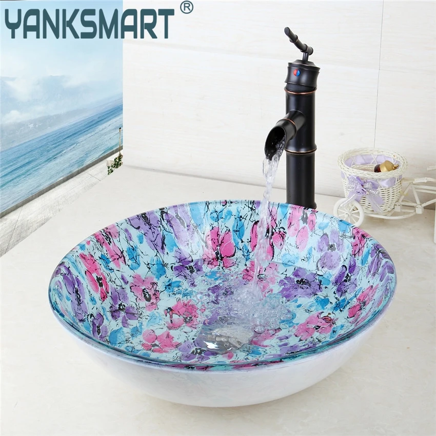 YANKSMART Round Glass Flora Washroom Basin Vessel Vanity Sink Bathroom Washbasin Black ORB Brass mixer Faucet Set
YANKSMART Round Glass Flora Washroom Basin Vessel Vanity Sink Bathroom Washbasin Black ORB Brass mixer Faucet Set