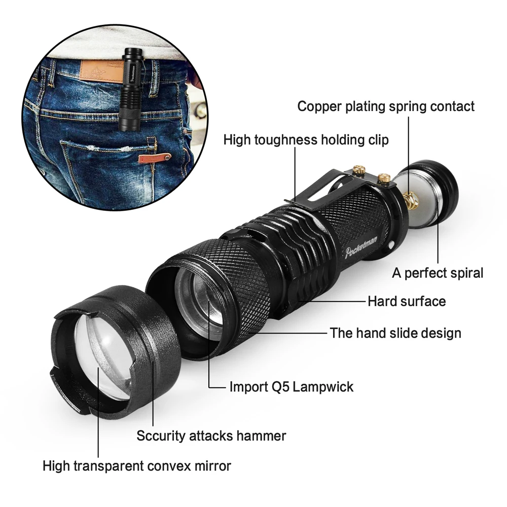 5 x LED flashlight Mini Zoomable Torch Black Tactical Flashlight with 3 Modes Portable for Repairing Camping | Лампы и освещение