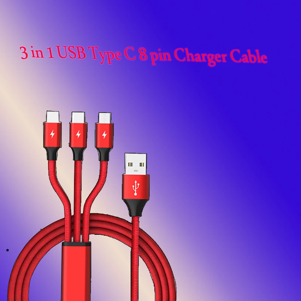 3 in 1 USB Cable for Mobile Phone Micro USB Type C 8 pin Charger Cable for iPh Micro USB Charger Cord Fast Charging Cables
3 in 1 USB Cable for Mobile Phone Micro USB Type C 8 pin Charger Cable for iPh Micro USB Charger Cord Fast Charging Cables
