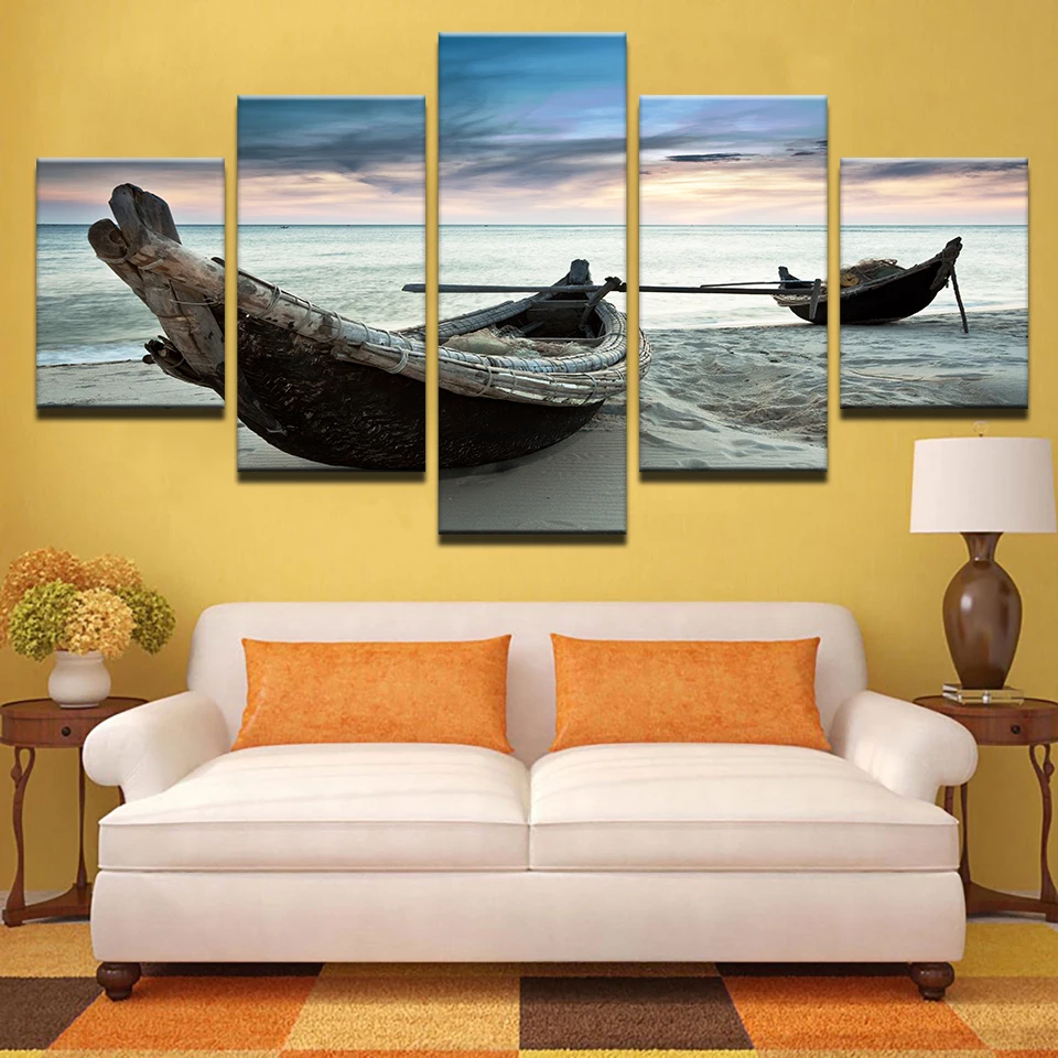 Canvas Paintings Wall Art HD Prints Pictures Home Decor 5 Pieces Beach Landscape Boat Seascape Posters For Living Room Framework | Дом и сад