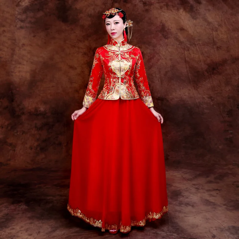 

Женское платье с вышивкой Феникс, Красное длинное свадебное платье Ципао, традиционные китайские платья QLX