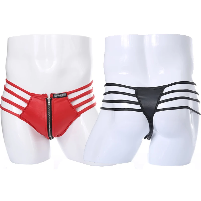 

new Sexy Men Faux Leather Thongs Jockstrap Lingerie with zip Fetish Underwear Tangas Underpants Male G-Strings Briefs Underwear