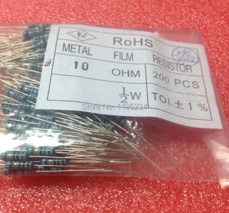 1/2W 10 Ом 1% Резистор из металлической пленки 400 шт./пакет DIP(10ohm 100ohm 300ohm) лучшее