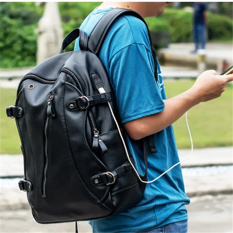 PU Leather Backpack Men USB Charging Waterproof Casual Backpacks Laptop Fashion Travel Bag Casual School Bag leather bookbag