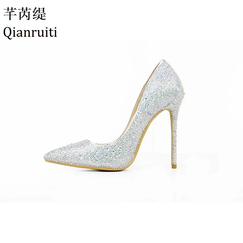 Qianruiti/серебристые женские туфли на высоком каблуке украшенные стразами