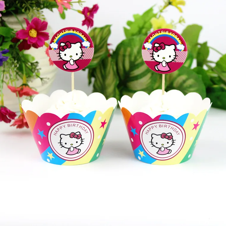 Бесплатная доставка 24 шт Hello Kitty праздничные бумажные обертки для кексов toppers Для