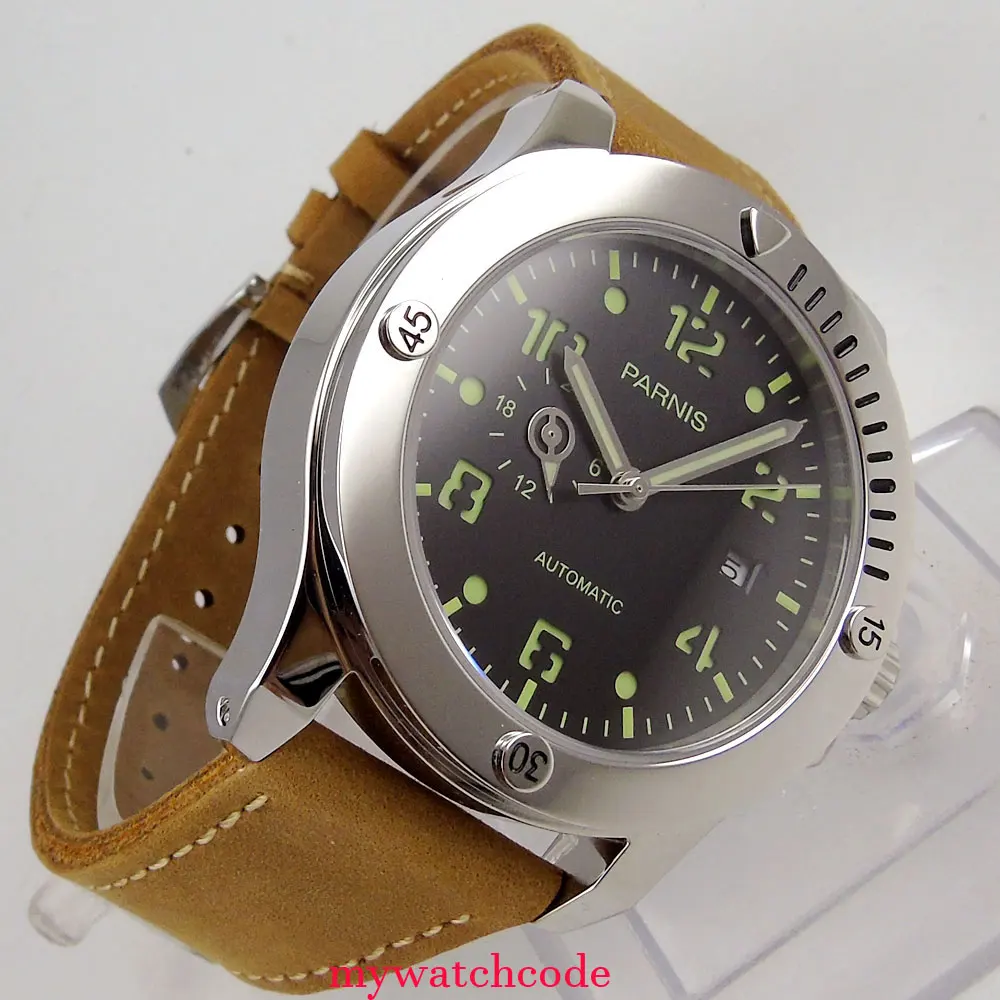 Luxury Brand Men's Watch leather Parnis 43mm black dial super luminous date 8215 Automatic Mechanical mens Watches Wrist Watch
Luxury Brand Men's Watch leather Parnis 43mm black dial super luminous date 8215 Automatic Mechanical mens Watches Wrist Watch