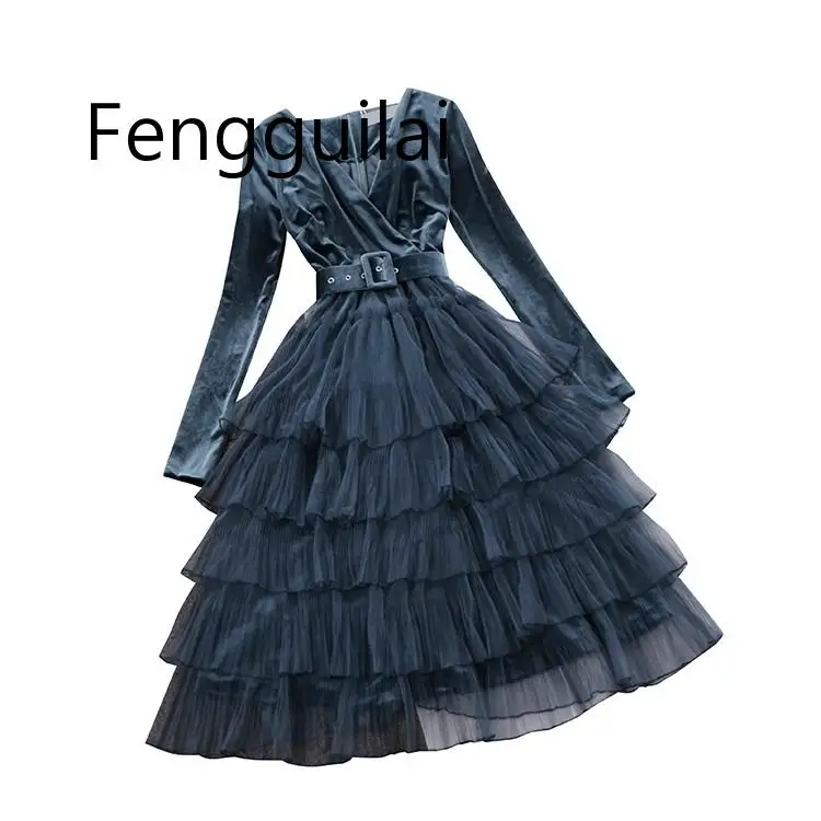 2019 autumn winter new women V-neck velvet stitching mesh layer ball gown dress female long sleeve waist ruffles tiered dresses
2019 autumn winter new women V-neck velvet stitching mesh layer ball gown dress female long sleeve waist ruffles tiered dresses
