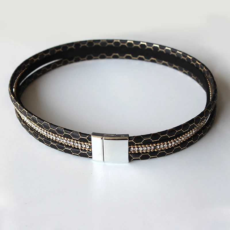 Trendy Honeycomb Leather Bracelets With Crystal 2pcs/lot Magnet Buckle Bangle Free Shipping | Украшения и аксессуары