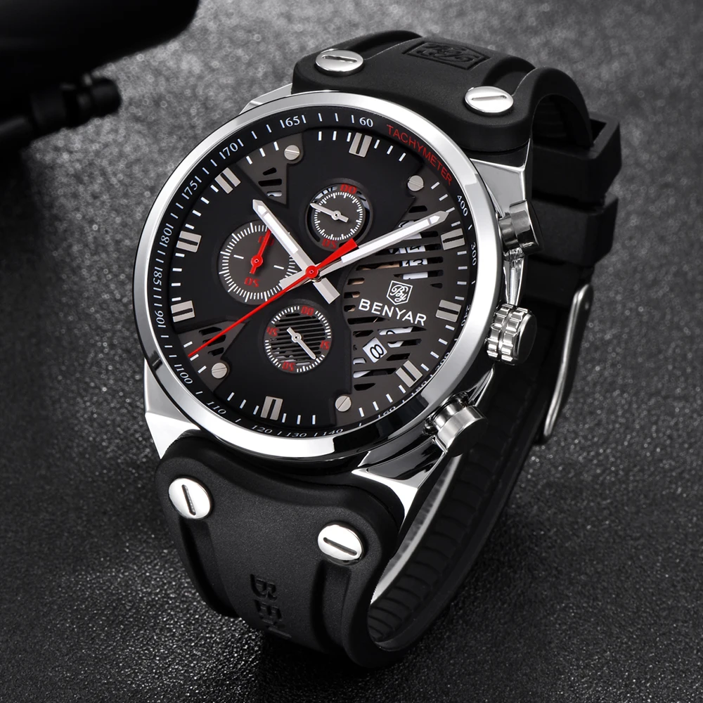 Relogio Masculino 2019 BENYAR Men Watch Top Brand Luxury Chronograph Sport Male Clock Rubber Strap Military Quartz Wristwatch | Наручные