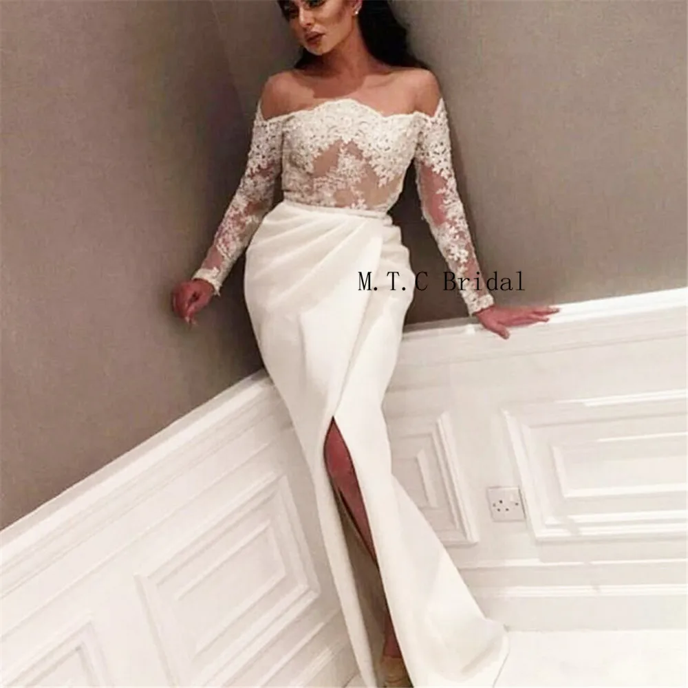 Elegant White Mermaid Long Sleeve Arabic Evening Dress Off The Shoulder Front Split Lace See Through Sexy Prom Gown Custom Made
Elegant White Mermaid Long Sleeve Arabic Evening Dress Off The Shoulder Front Split Lace See Through Sexy Prom Gown Custom Made