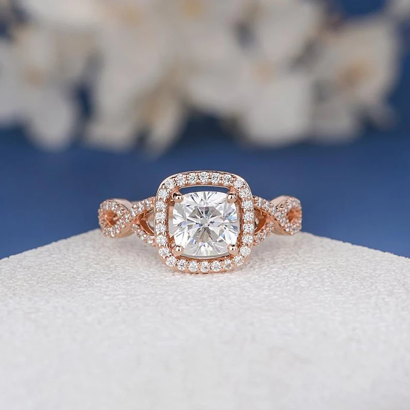 18K розовое золото 1ct Moissanite подушками обручальное кольцо для женщин Ретро Halo