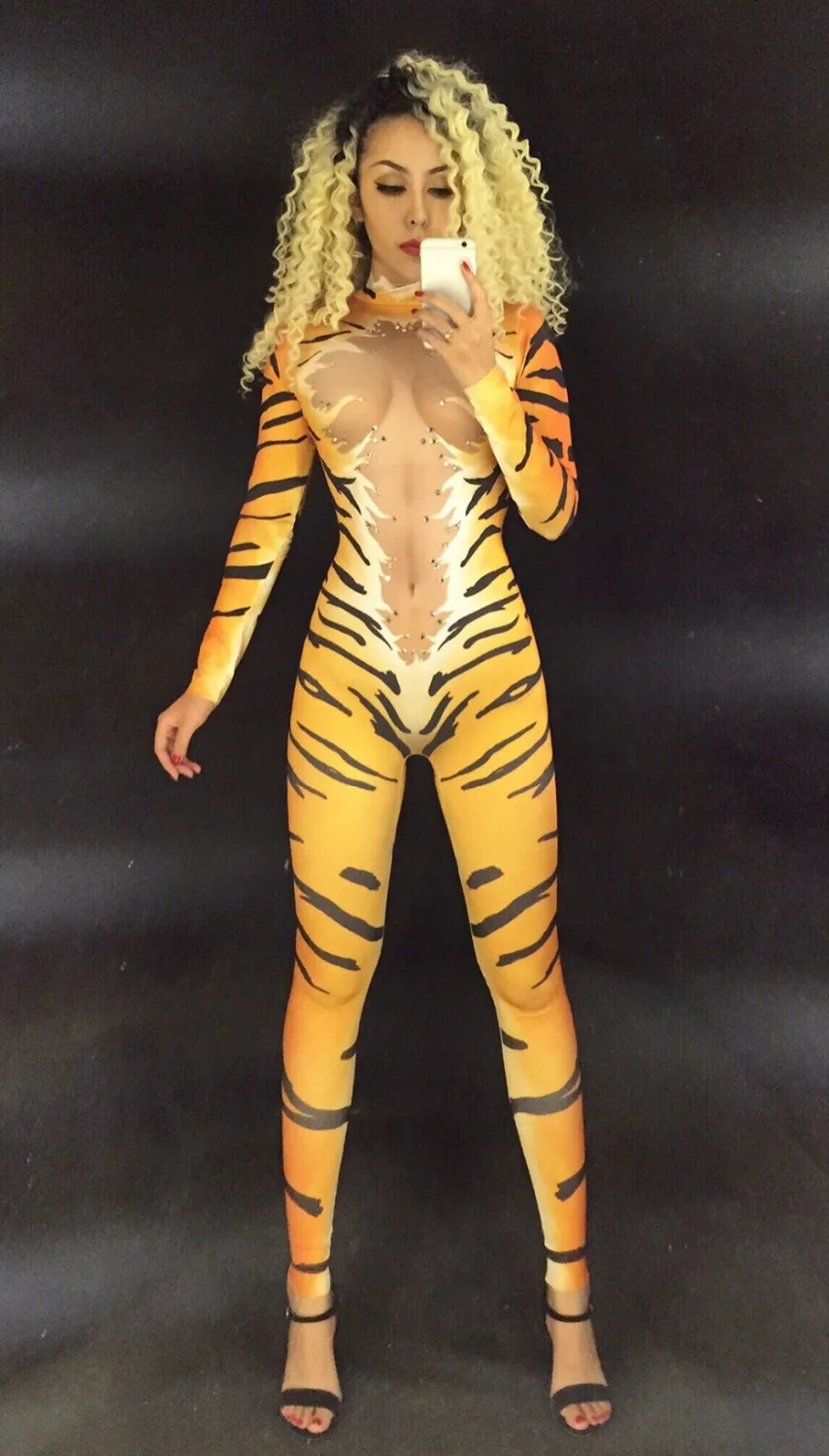 Женский сценический костюм с 3D принтом тигра комбинезон блестящими кристаллами