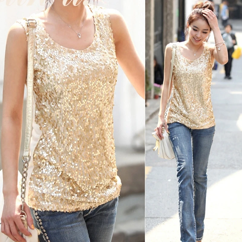 Women O-Neck Tops Summer Plus Size Thin Slim Gold Sequined Blingbling Vest Bottoming Shirt Ladies Sleeveless Tee Loose Tops
Women O-Neck Tops Summer Plus Size Thin Slim Gold Sequined Blingbling Vest Bottoming Shirt Ladies Sleeveless Tee Loose Tops