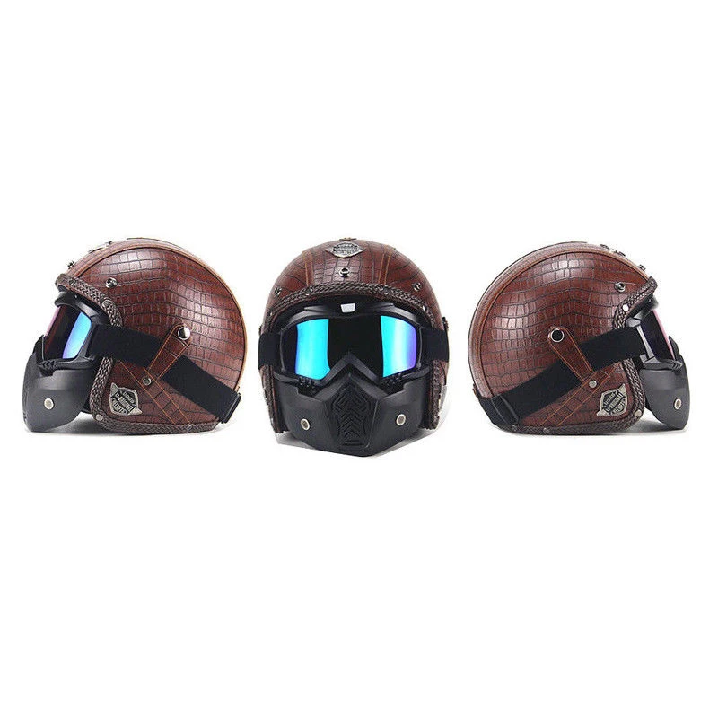 Коричневые мотоциклетные шлемы 3/4 открытый шлем из искусственной кожи + маска с