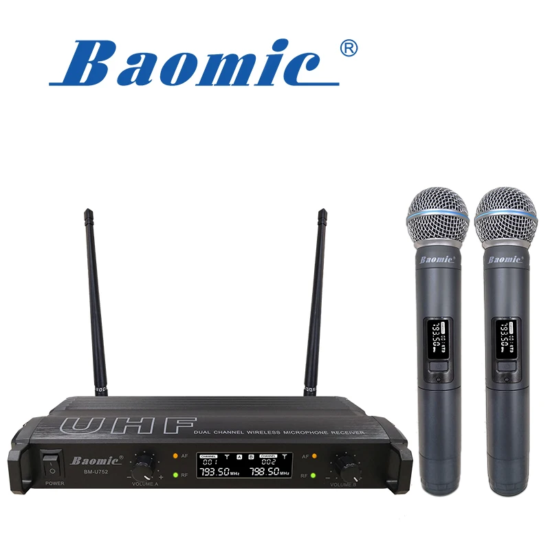 863-865Mhz China baomic brand BM-U752 UHF Karaoke wireless microphone dual channels Left 863.5MHz Right 865MHz fixed frequency
863-865Mhz China baomic brand BM-U752 UHF Karaoke wireless microphone dual channels Left 863.5MHz Right 865MHz fixed frequency