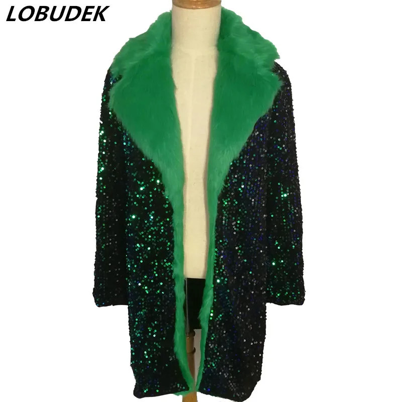 Мужское длинное пальто с искусственным мехом зеленое роскошное блестками и