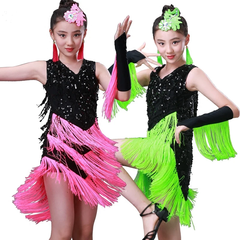 Latest Latin Fringe Sequin Dress Salsa Dance Clothes Samba Costume Kids Child For Girls | Тематическая одежда и униформа