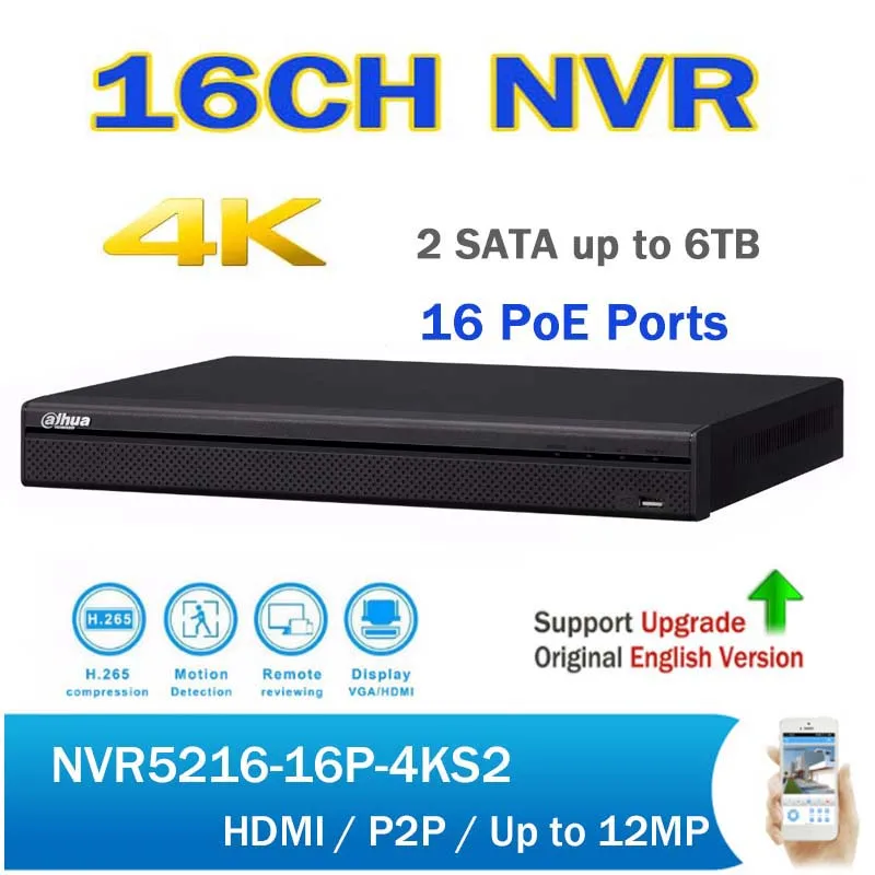 DH 4 К NVR NVR5216 16P 4KS2 16Ch 1U 16PoE H.265 Pro сети видео Регистраторы до 12Mp разрешение с 2 SATA порты