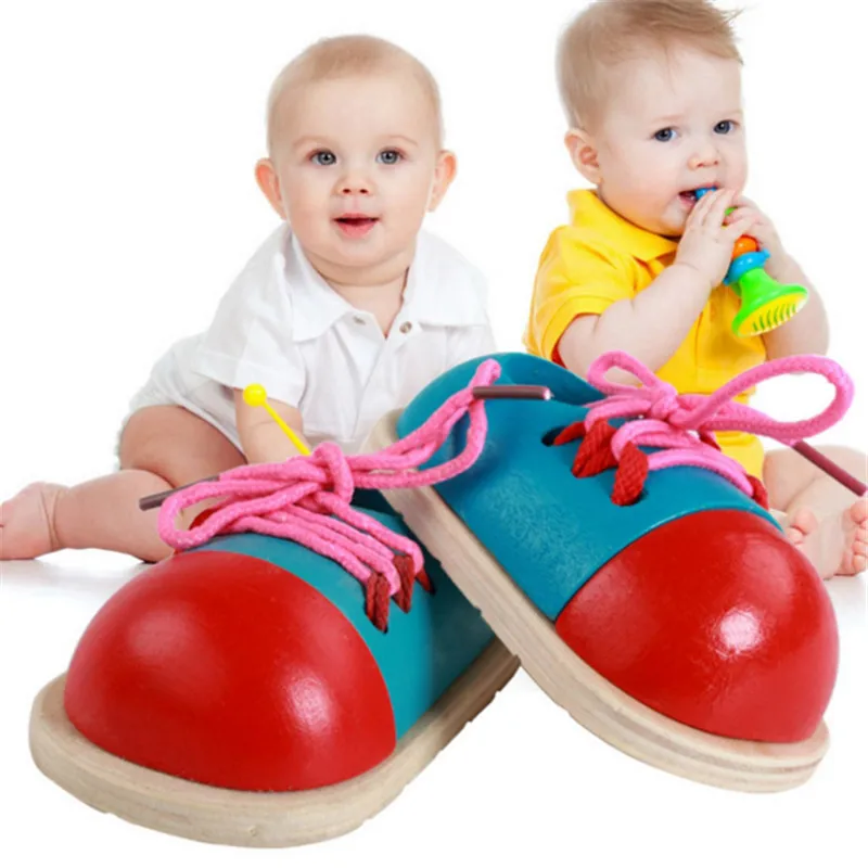 Обучающие игрушки Монтессори для детей деревянные обувь на шнурках творческие