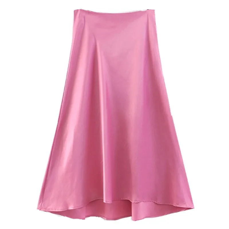 Фото Женская шелковая юбка с завышенной талией розовая асимметричным - купить