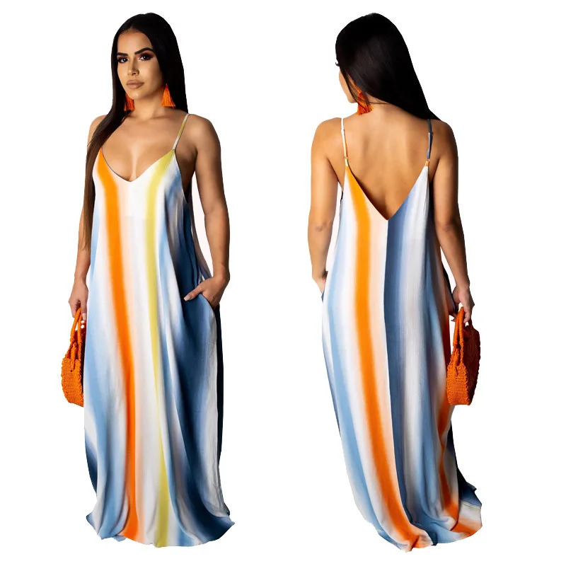 Stripe women summer maxi dress V-neck braces Long Loose beach party Gradient colour dresses
Stripe women summer maxi dress V-neck braces Long Loose beach party Gradient colour dresses