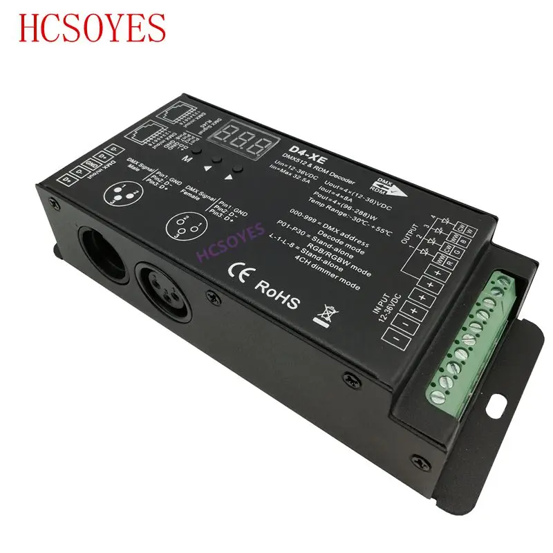 D4-XE;4 channel PWM constant voltage DMX decoder with digital display;DC12-36V input;8A*4CH output
D4-XE;4 channel PWM constant voltage DMX decoder with digital display;DC12-36V input;8A*4CH output