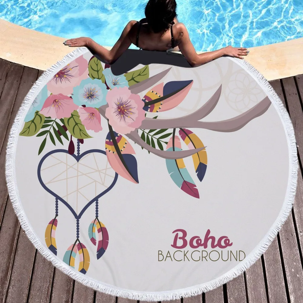 BOHO Fashion Feathers Round Beach Towel Printed Dreamcatcher Net With Tassels For Summer Microfiber Swimming Sports Blanket Mat
BOHO Fashion Feathers Round Beach Towel Printed Dreamcatcher Net With Tassels For Summer Microfiber Swimming Sports Blanket Mat