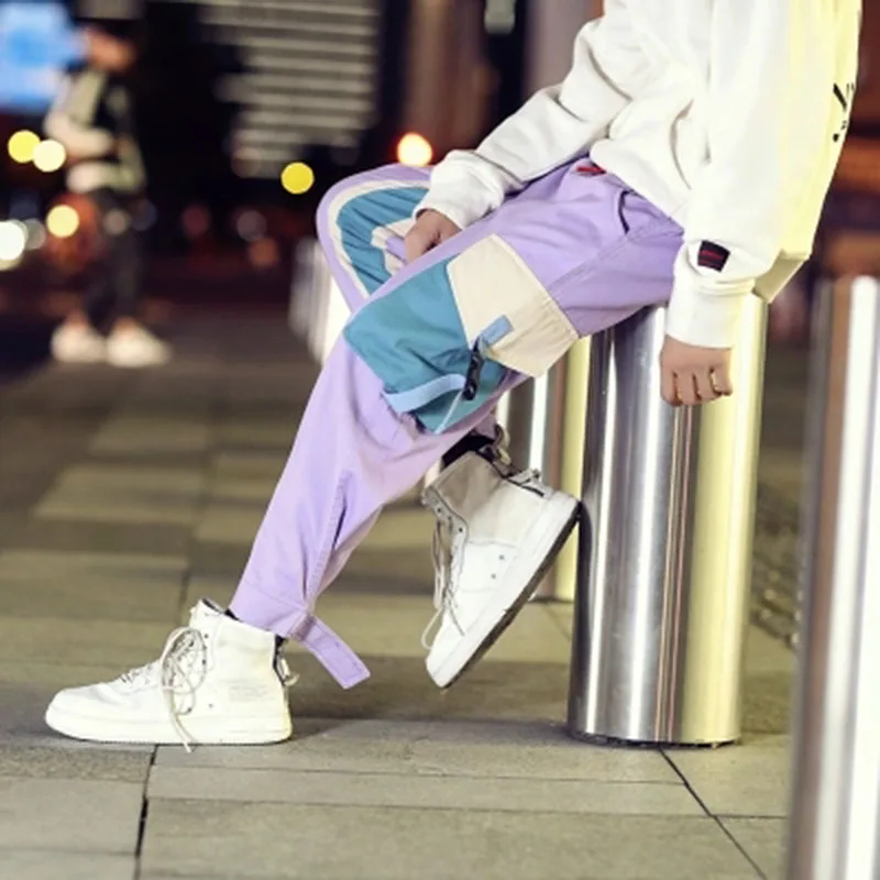 Фиолетовые штаны с лентами мужские брюки-карго карманами спортивные до