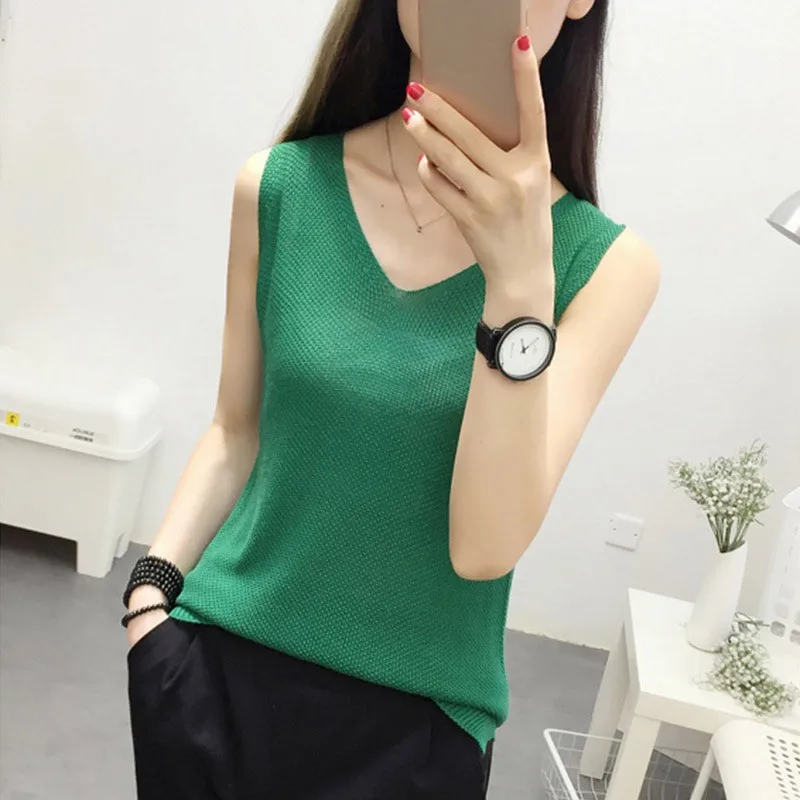 Women Fashion V Neck Shirts Women's Knitted Loose Tank Top Sleeveless Fitting Female Tee Tops |