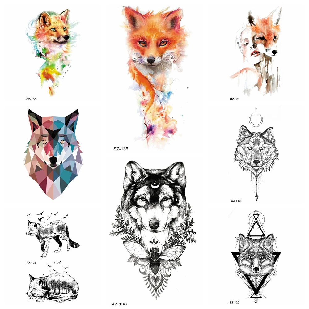 

Watercolor Fox Temporary Tattoo Stickers Women Arm Insect Water Transfer Tatoos Men Geometrical Wolf Flash Tattoo Sexy Charm DIY