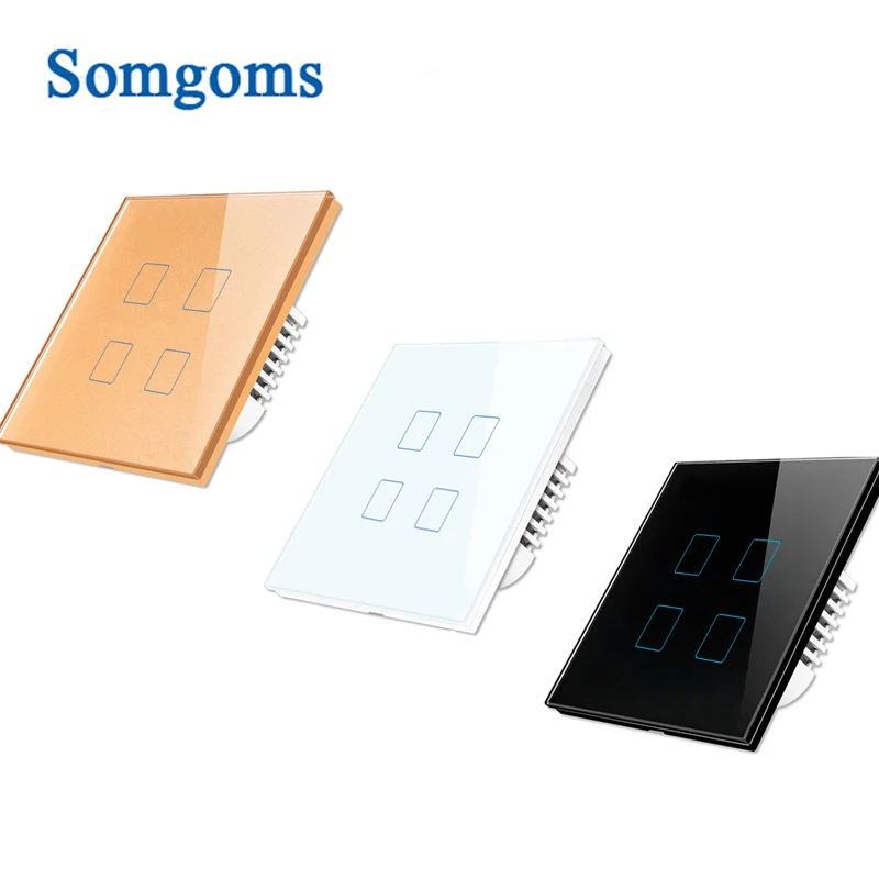 Somgoms EU / UK Standard 4 Gang 1 Way Switch AC110V ~ 240v Crystal Light Panel Glass Switch, Wall Touch Light Switch
Somgoms EU / UK Standard 4 Gang 1 Way Switch AC110V ~ 240v Crystal Light Panel Glass Switch, Wall Touch Light Switch