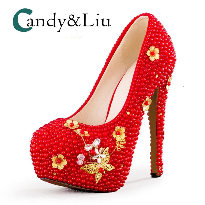 Red Crystal Wedding Shoes Super High Heel Gold Flower Pearl Beaded Slip-on Women Pumps with Platform Party Banquet Evening
Red Crystal Wedding Shoes Super High Heel Gold Flower Pearl Beaded Slip-on Women Pumps with Platform Party Banquet Evening