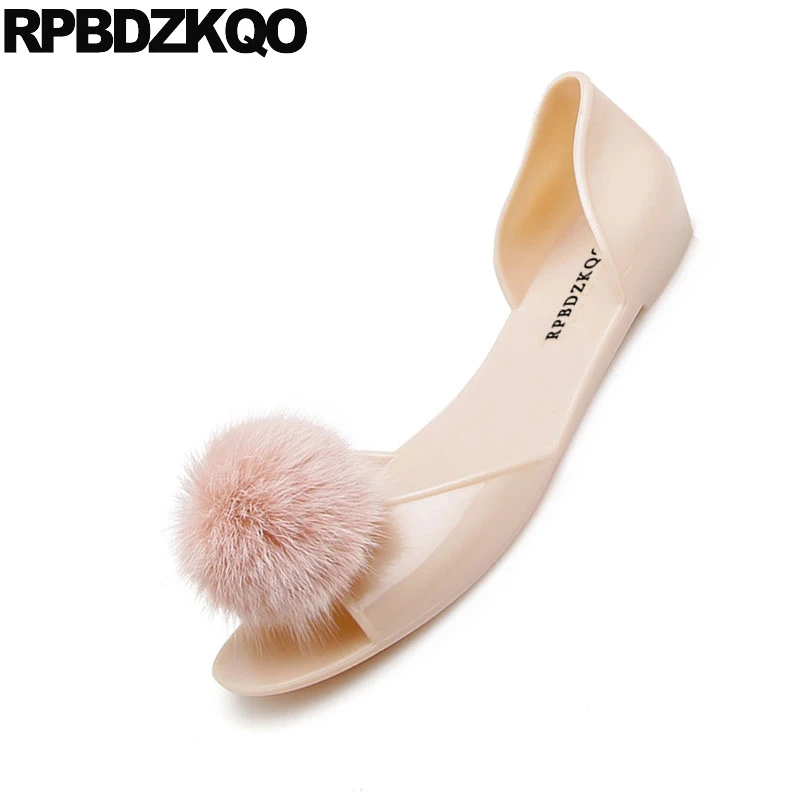 Women Sandals 2021 Summer Cheap Slip On Rubber Clear Beach Jelly Peep Toe Embellished Flat Soft Pom Transparent Pink Shoes Pvc | Обувь