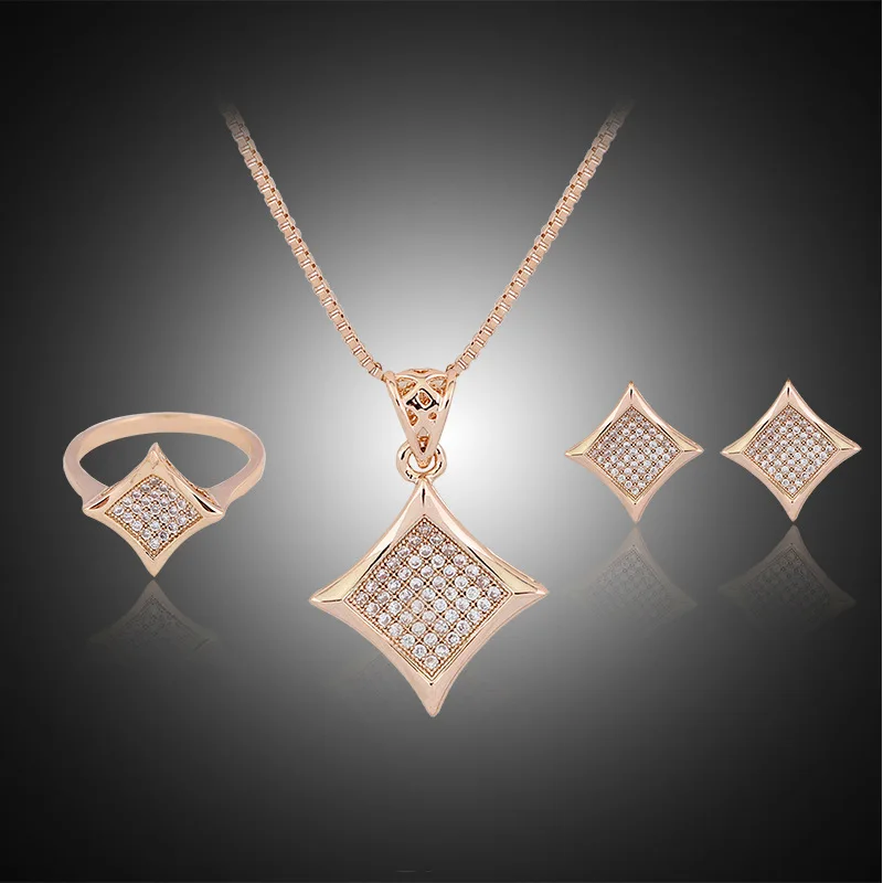 Full Rhinestone Jewelry Sets For Women Gold Color Micro Crystal Geometric Square Pendant Necklace Earrings Ring Set Bridals | Украшения и