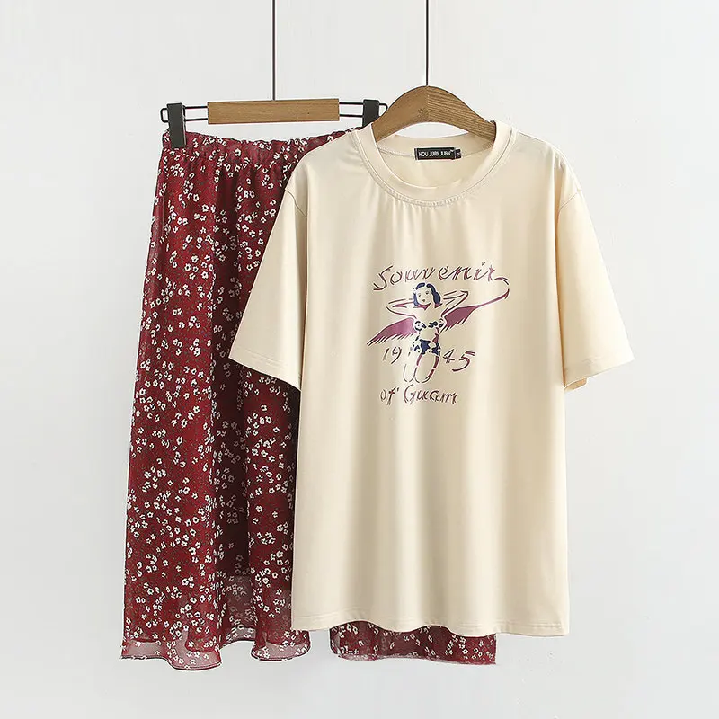 Большие размеры женские повседневные летние комплекты из двух частей футболка с