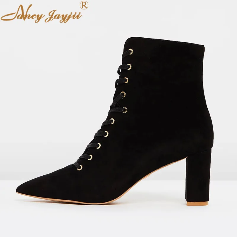 Genuine Leather Sheepskin Kid Suede Women Shoes Adult Boots Black Zipper Lace-Up Cross-tied Super High Square heel Pointed Toe
Genuine Leather Sheepskin Kid Suede Women Shoes Adult Boots Black Zipper Lace-Up Cross-tied Super High Square heel Pointed Toe