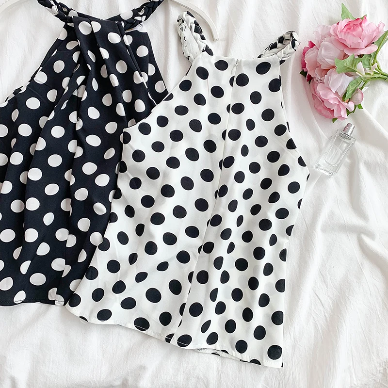 Chic Retro Polka Dot Print Halter Vintage All Match Top Blouse Black/White | Женская одежда