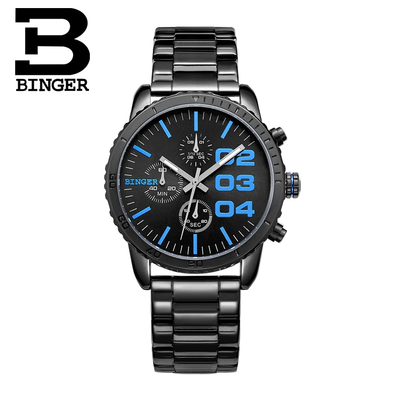 Switzerland BINGER watches men luxury brand Quartz waterproof Chronograph Stop Watch leather strap Wristwatches B9007-4 | Наручные часы