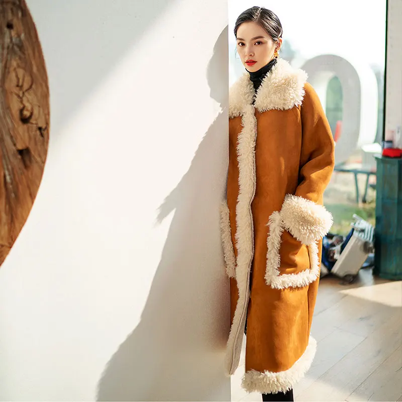 Women Lamb Moose Suede Noble Wool Coat Thick Warm Fashion Parka Long Winter Jacket Female Caramel Color Overcoat Tops ss038 | Женская