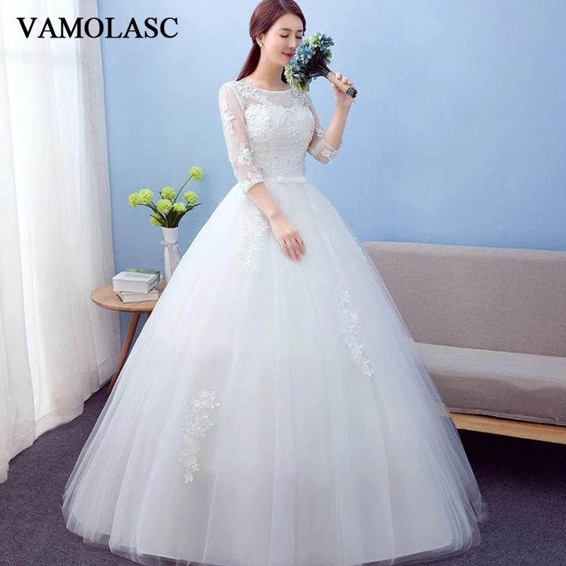 VAMOLASC Illusion O Neck Bow Sash Ball Gown Wedding Dresses Lace Appliques Half Sleeve Backless Bridal Gowns
VAMOLASC Illusion O Neck Bow Sash Ball Gown Wedding Dresses Lace Appliques Half Sleeve Backless Bridal Gowns